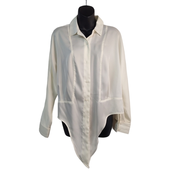 Nine West Women's Cream White Bow Hem Button Down  Shirt Size M - Picture 1 of 8